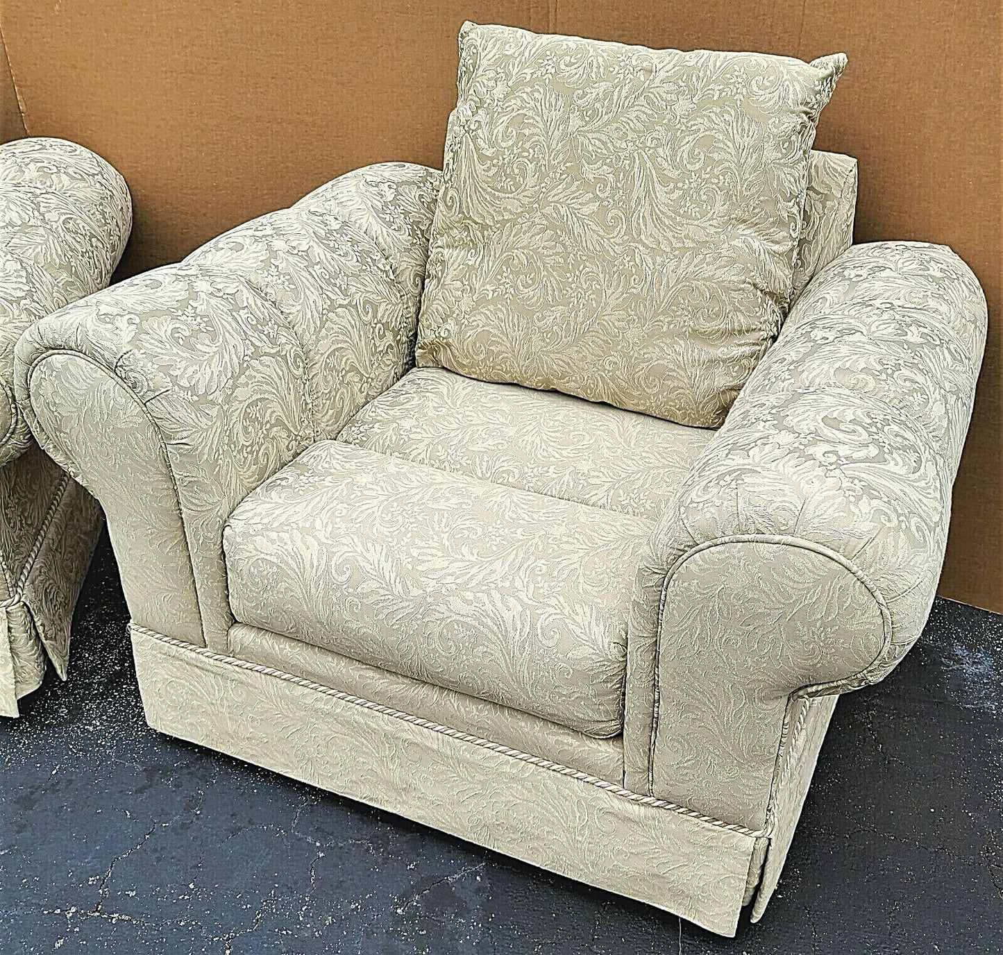 Pair of BARCLAY Tufted Roll Arm Oversized Damask Upholstered Lounge Club Chairs