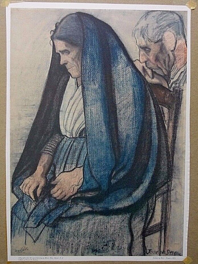 Vtg Joseph Stella (1847-1946) Offset Barton Press Lithograph of Old Couple