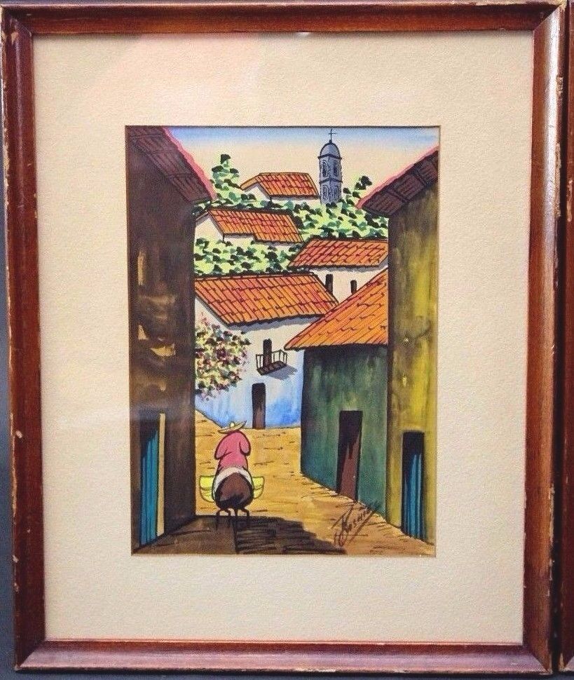 Vtg Mid Century Gouache Watercolor Signed By G Rosales (Mexican) Village