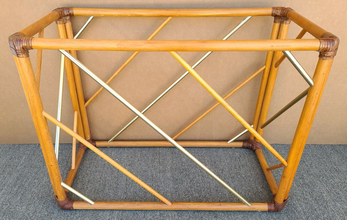 Vintage MCM Bamboo Rattan Brass & Glass Console Sofa Entryway Table