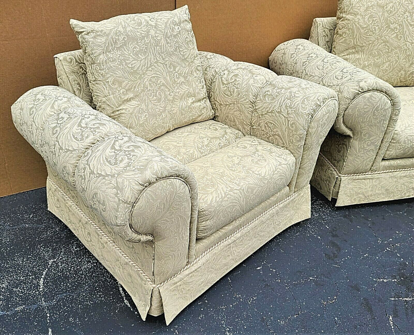 Pair of BARCLAY Tufted Roll Arm Oversized Damask Upholstered Lounge Club Chairs