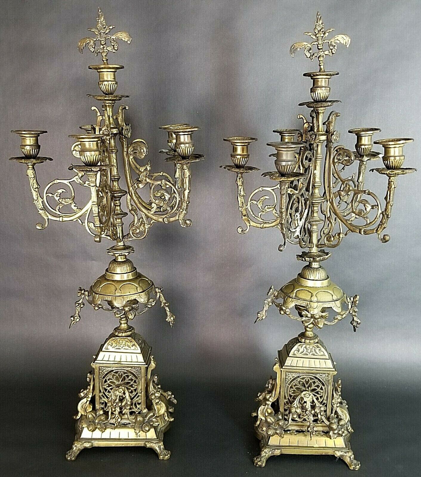 (2) Antique Italian Ornate Bronze French Louis XV Rococo 6 Point Candelabras