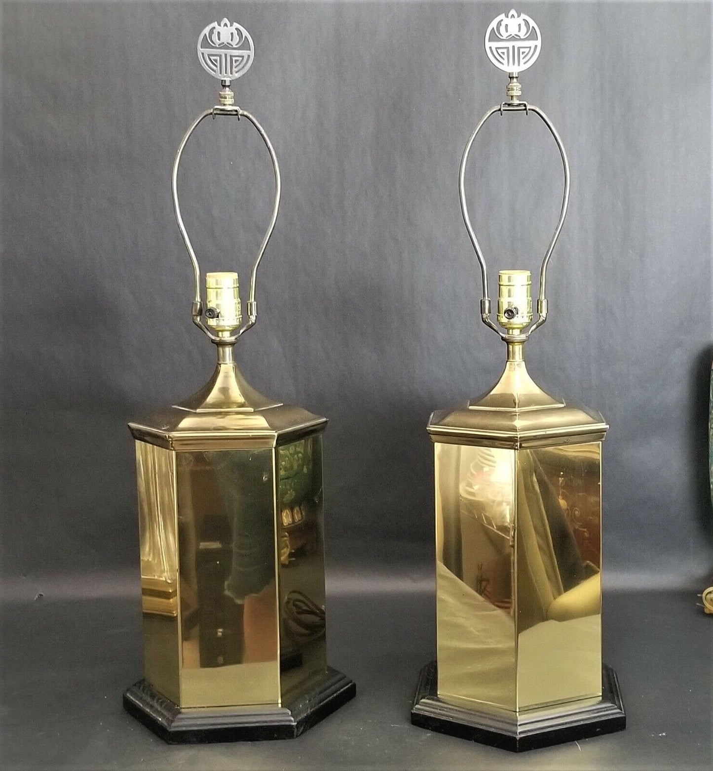 (2) Vintage Brass Asian Chinoiserie Hexagon Cannister Ginger Jar Table Lamps
