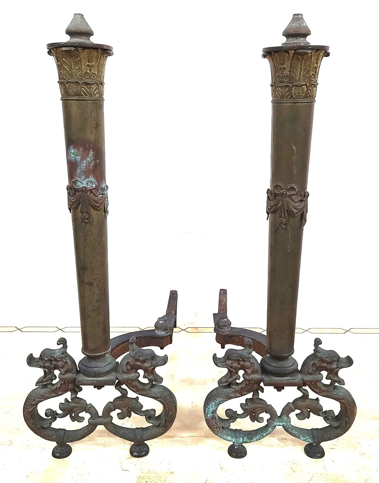 Antique Brass Dragons Fireplace Andirons - a Pair