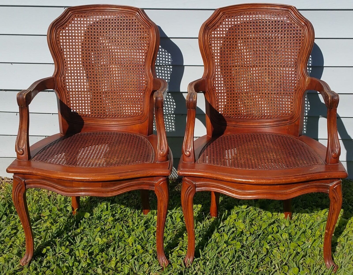 Pair of Vintage Louis XV French Provincial Country Cane Back & Seat Armchairs