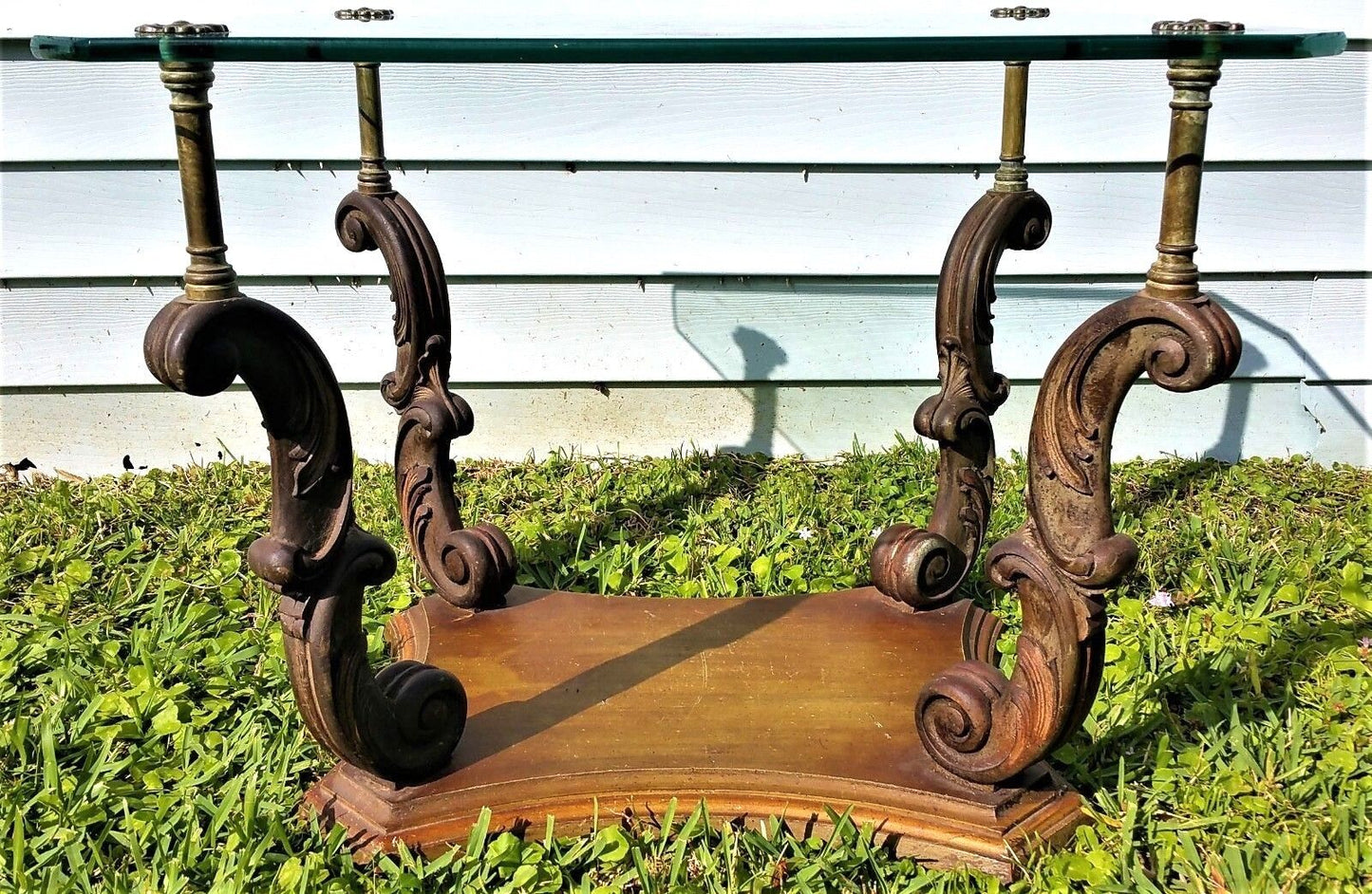 Vtg Weiman Heirloom Quality Side End Table Hand Carved Wood Glass Brass