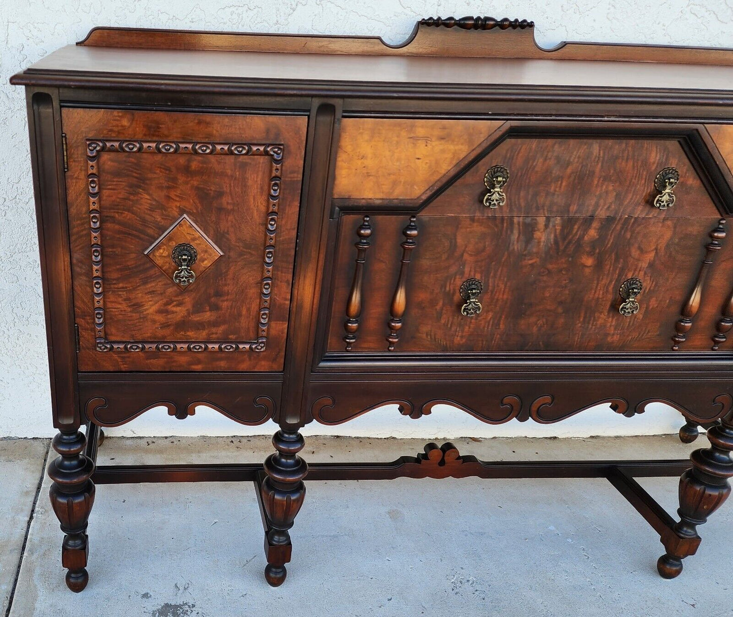 Antique Buffet Sideboard Jacobean Revival Walnut Burled Early 20th Century