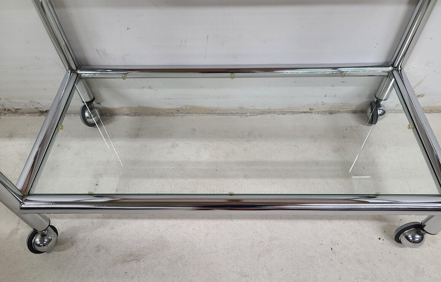 MCM 1970s Chrome Wicker Glass Rolling Bar Serving Cart