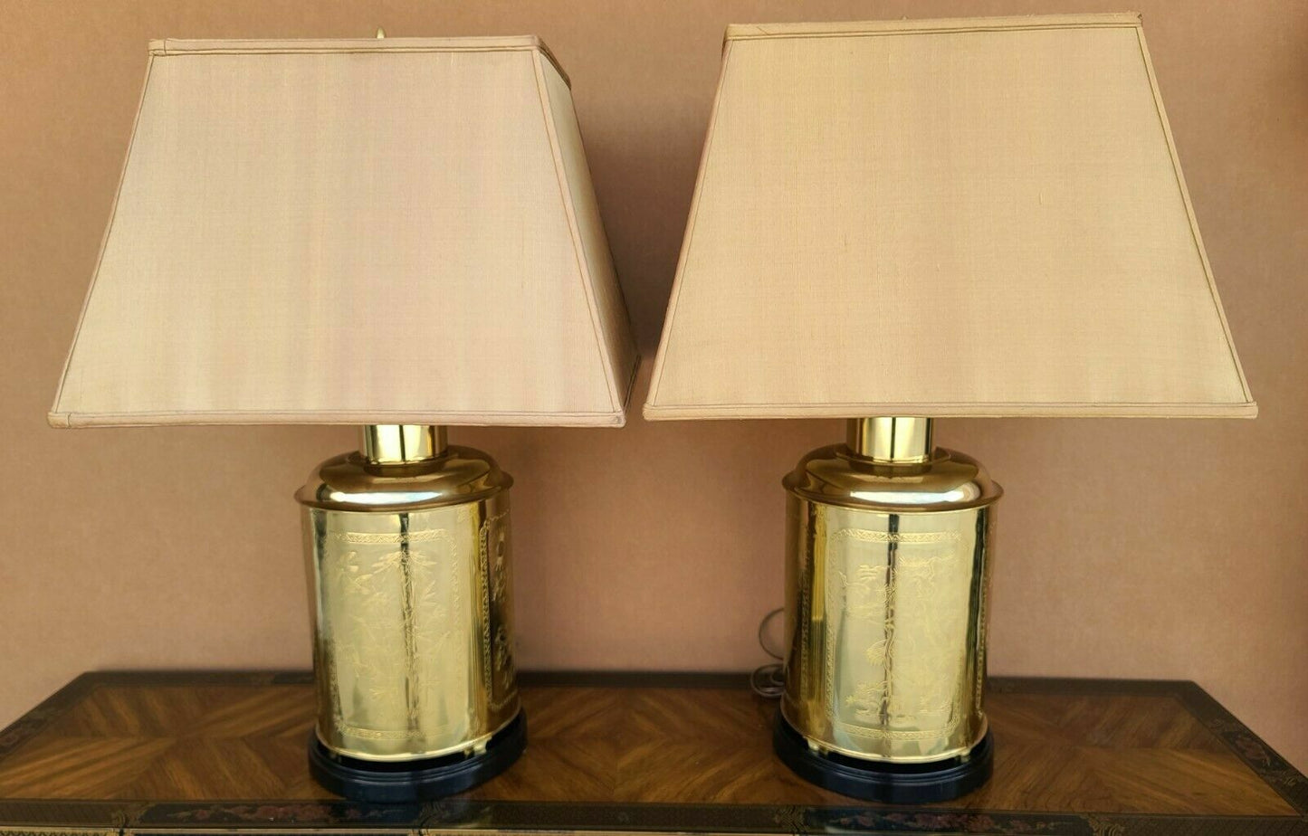 (2) Vintage Brass Asian Chinoiserie Hexagon Cannister Ginger Jar Table Lamps