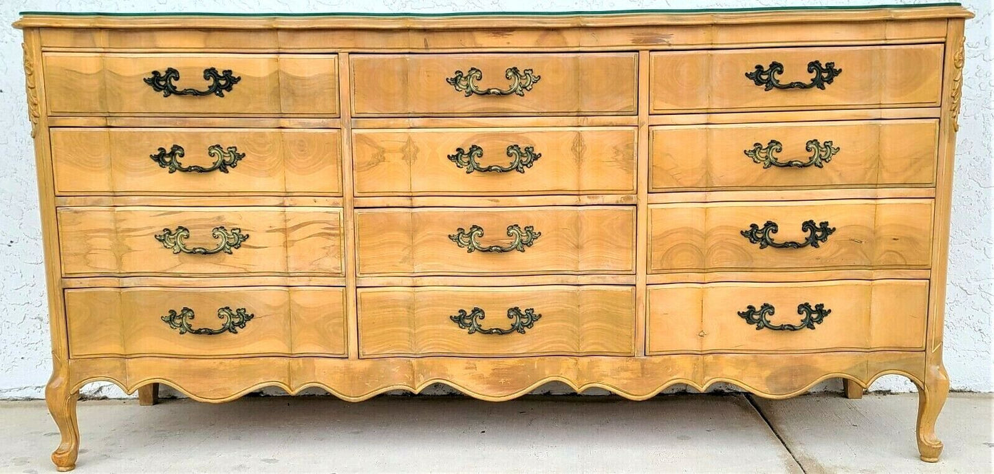 Vintage Dresser Olive Burl Light Wood French Louis XV Sculpted Glass Top