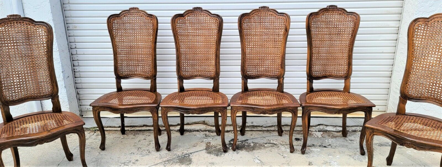 Antique Early 1900's French Provincial Cane Walnut Dining Chairs - Set of 6