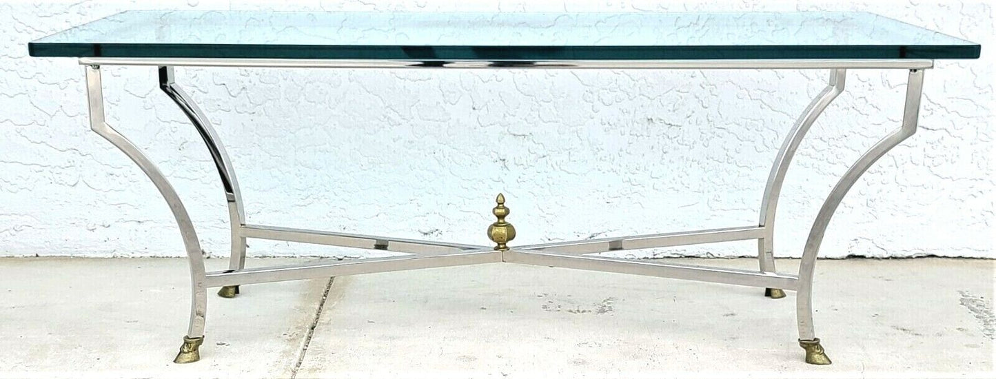 MAISON JANSEN Mid Century Italian Modern Chrome & Glass Coffee Table Hoof Feet