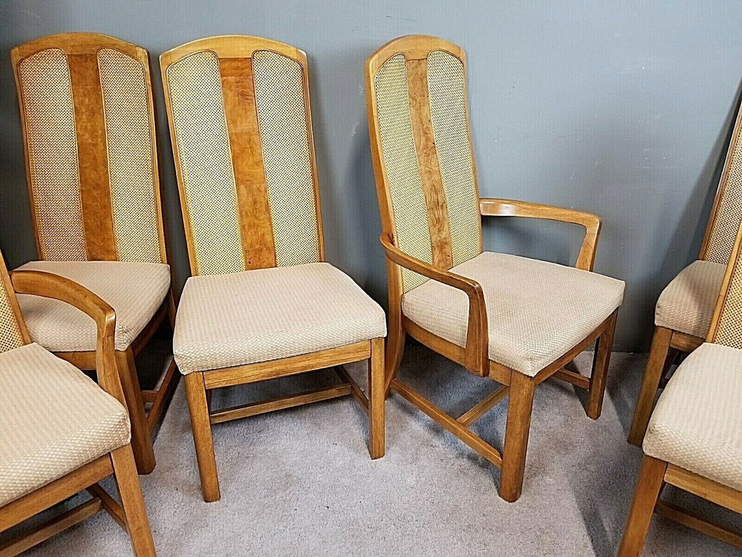 Set of (6) MCM UNIVERSAL FURNITURE Cane + Burl Splat Back Dining Chairs