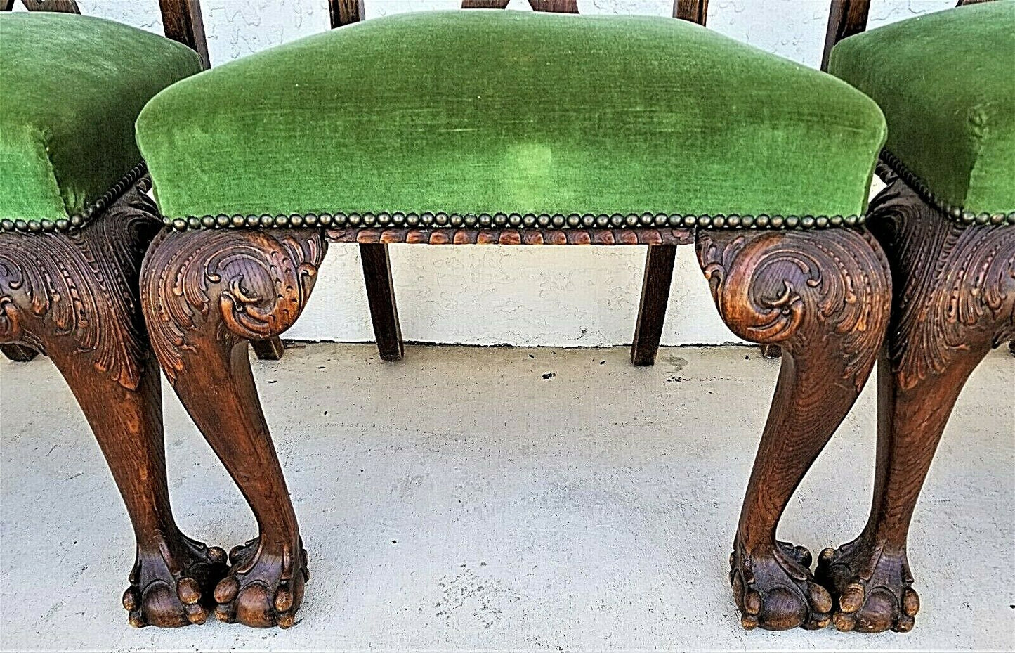 Set of 5 1800's English Oak Hand Carved Ball Claw Chippendale Dining Chairs