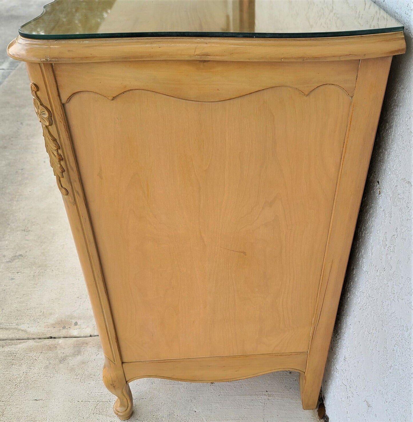 Vintage Dresser Olive Burl Light Wood French Louis XV Sculpted Glass Top