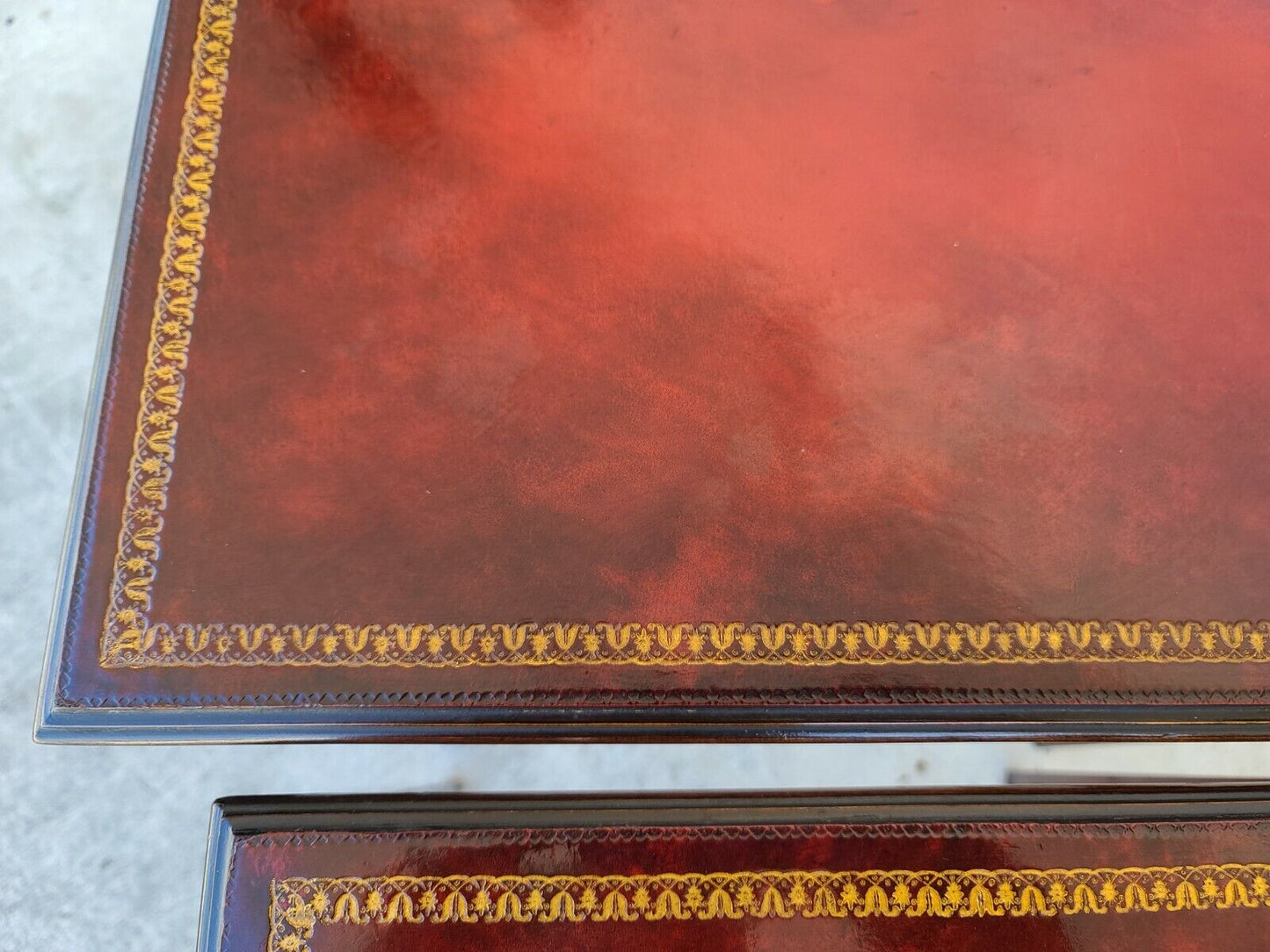 Mid Century Tooled Red Leather Mahogany Nesting Tables