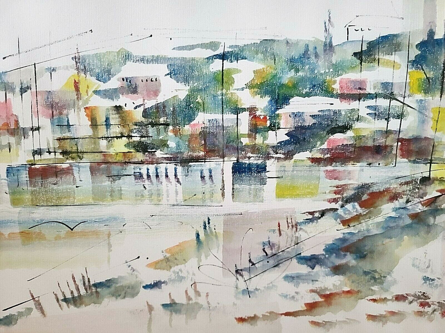 60's ALFRED BIRDSEY (1912-1996) Impressionist Bahamian Harbor Cityscape Painting