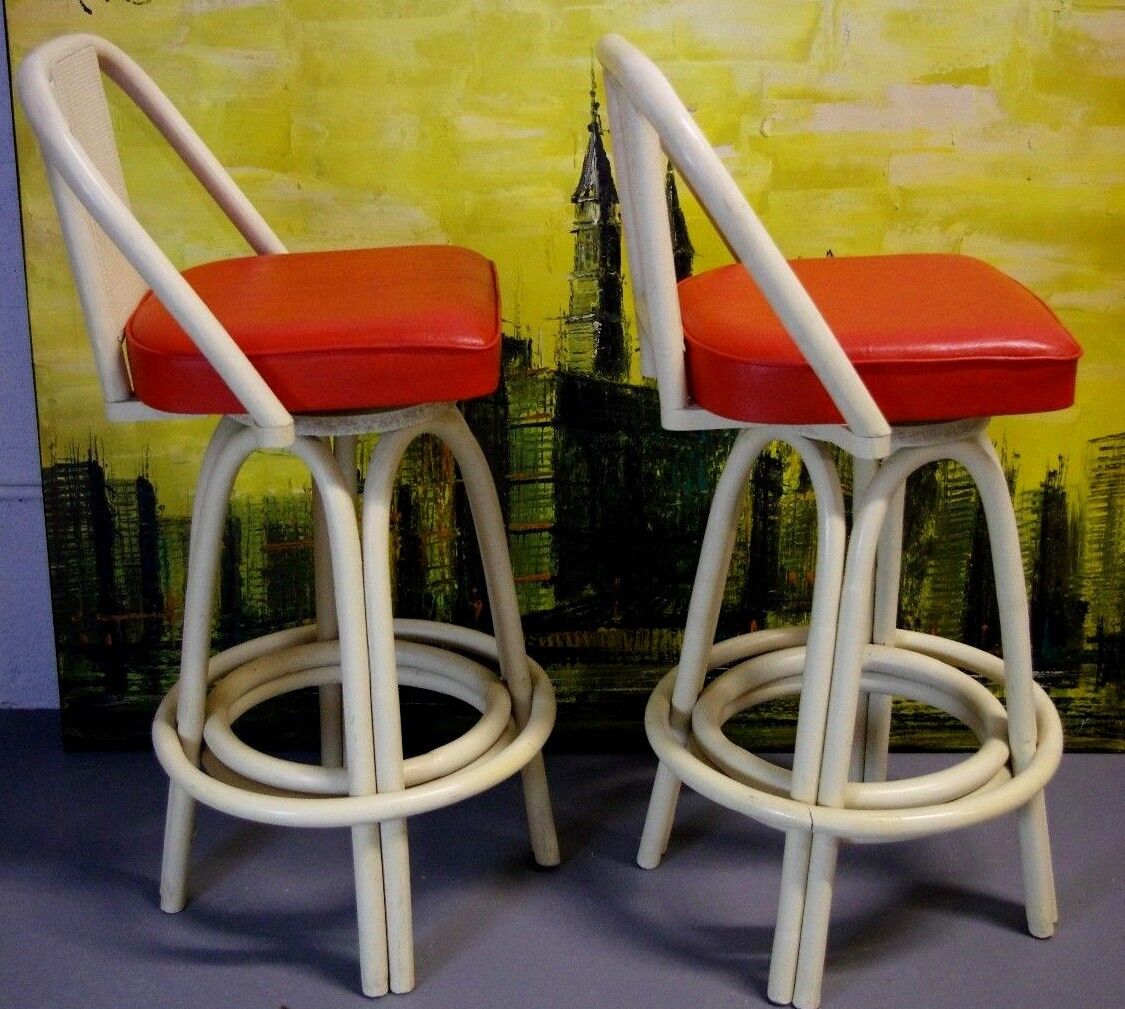 Set of 2 1960's Rattan Retro Mod Bamboo Cane Back Swivel Bar Stools