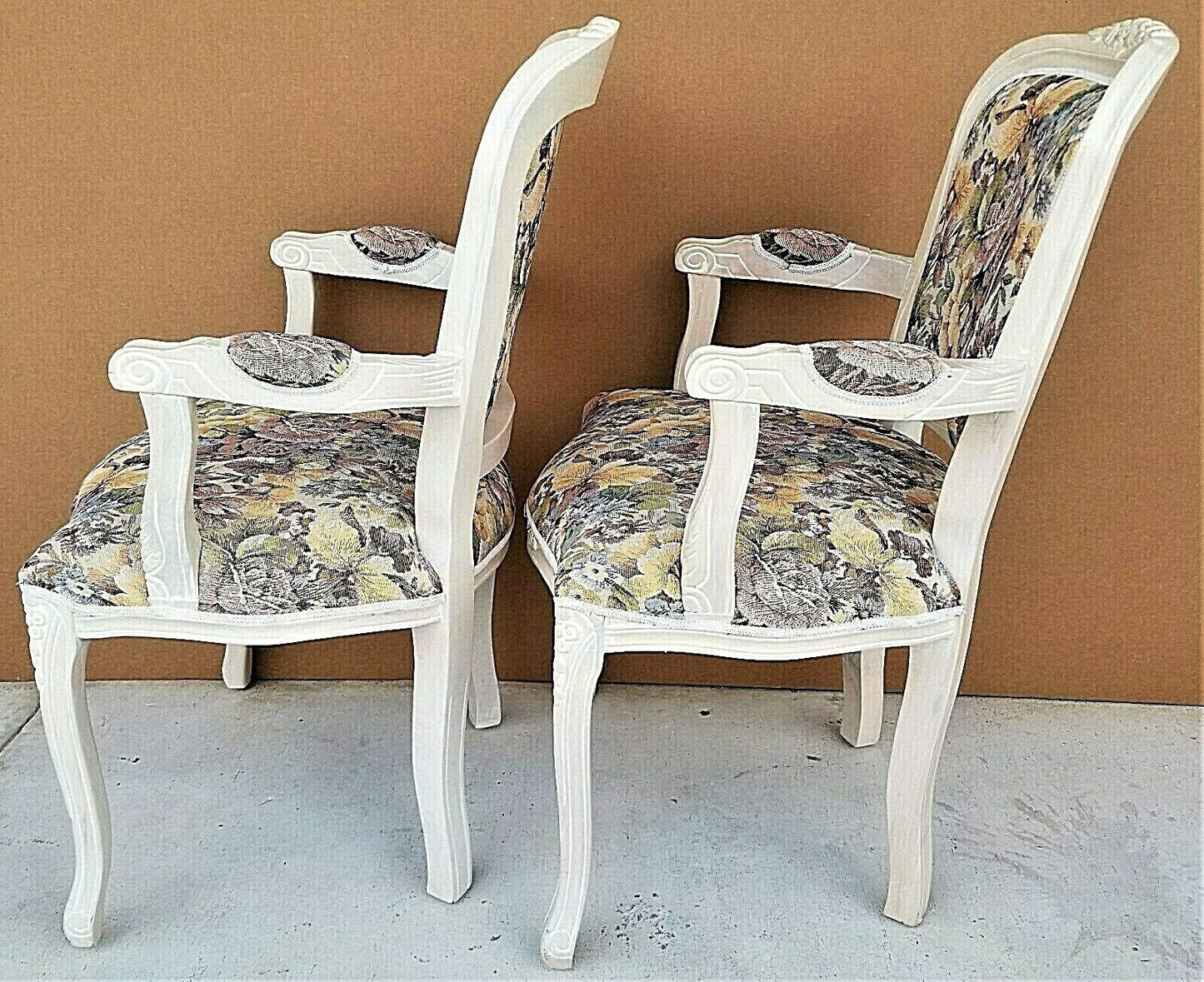 (2) Vintage Shabby Chic French Provincial Pearled Fauteuil Floral Tapestry Armchairs