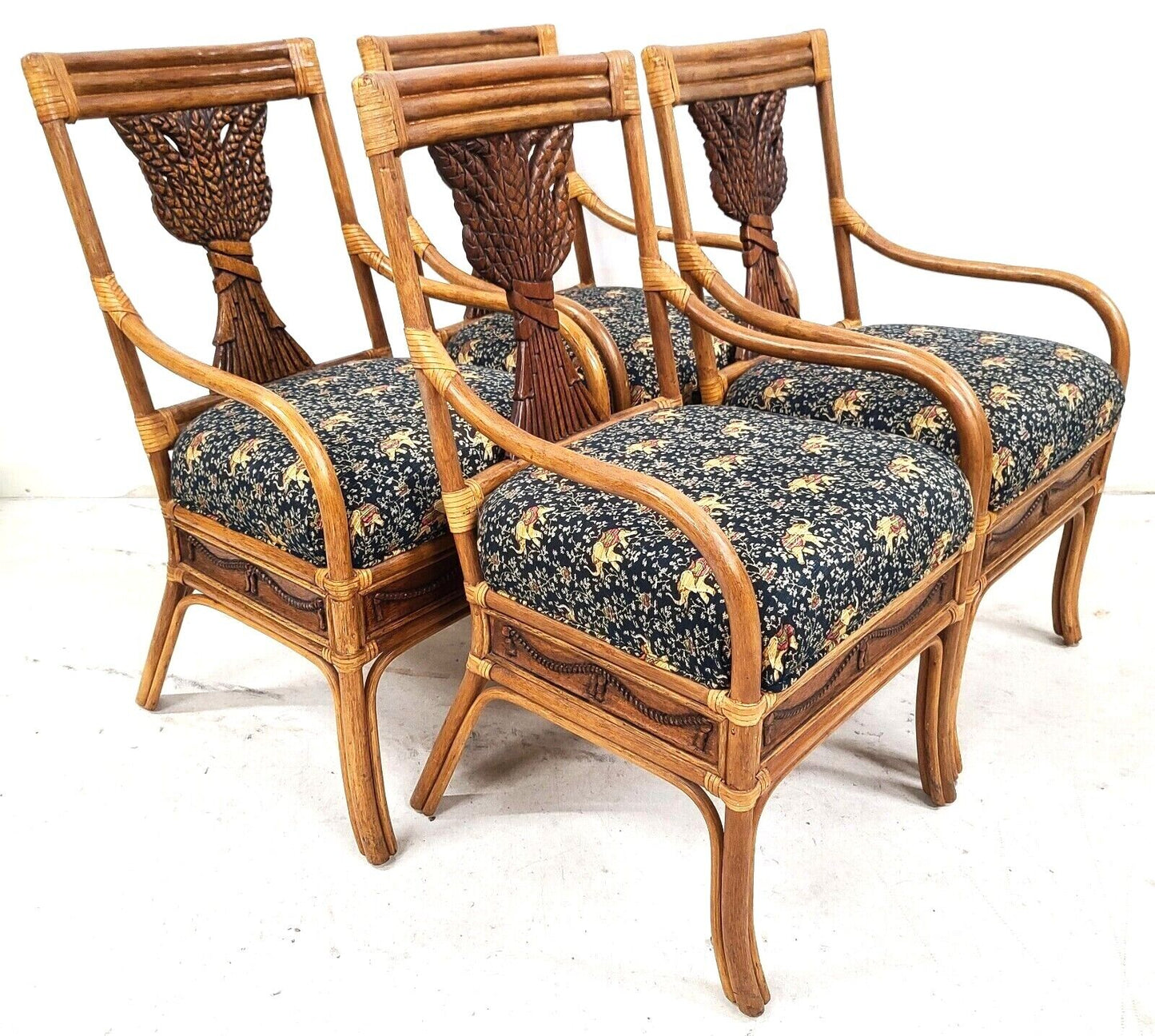 (4) Vintage Bamboo Bentwood Rattan Wheat Back Dining Armchairs