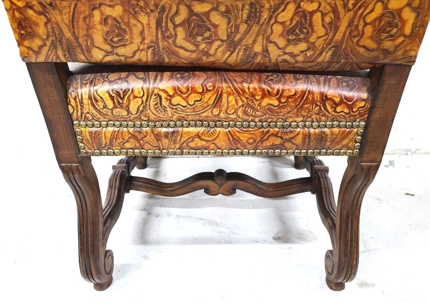 Antique French Hand Colored Tooled Leather Throne Armchair