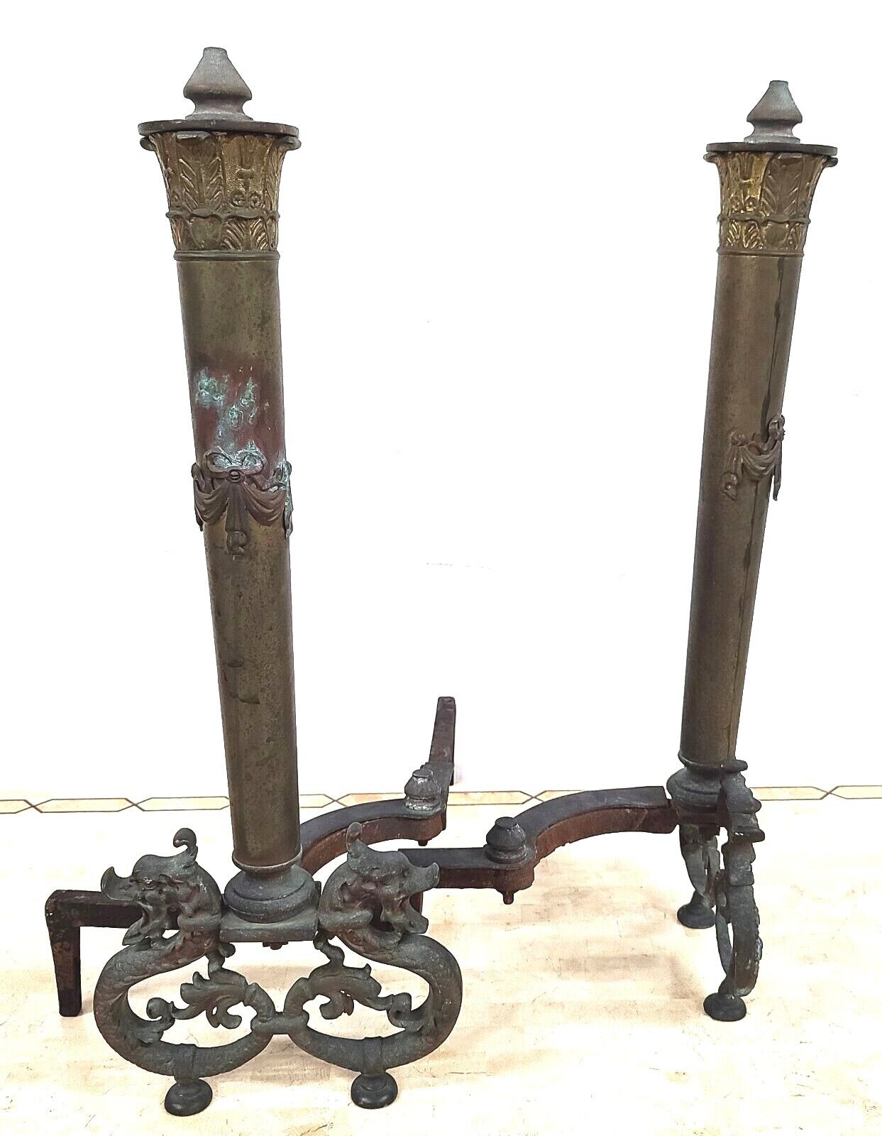 Antique Brass Dragons Fireplace Andirons - a Pair
