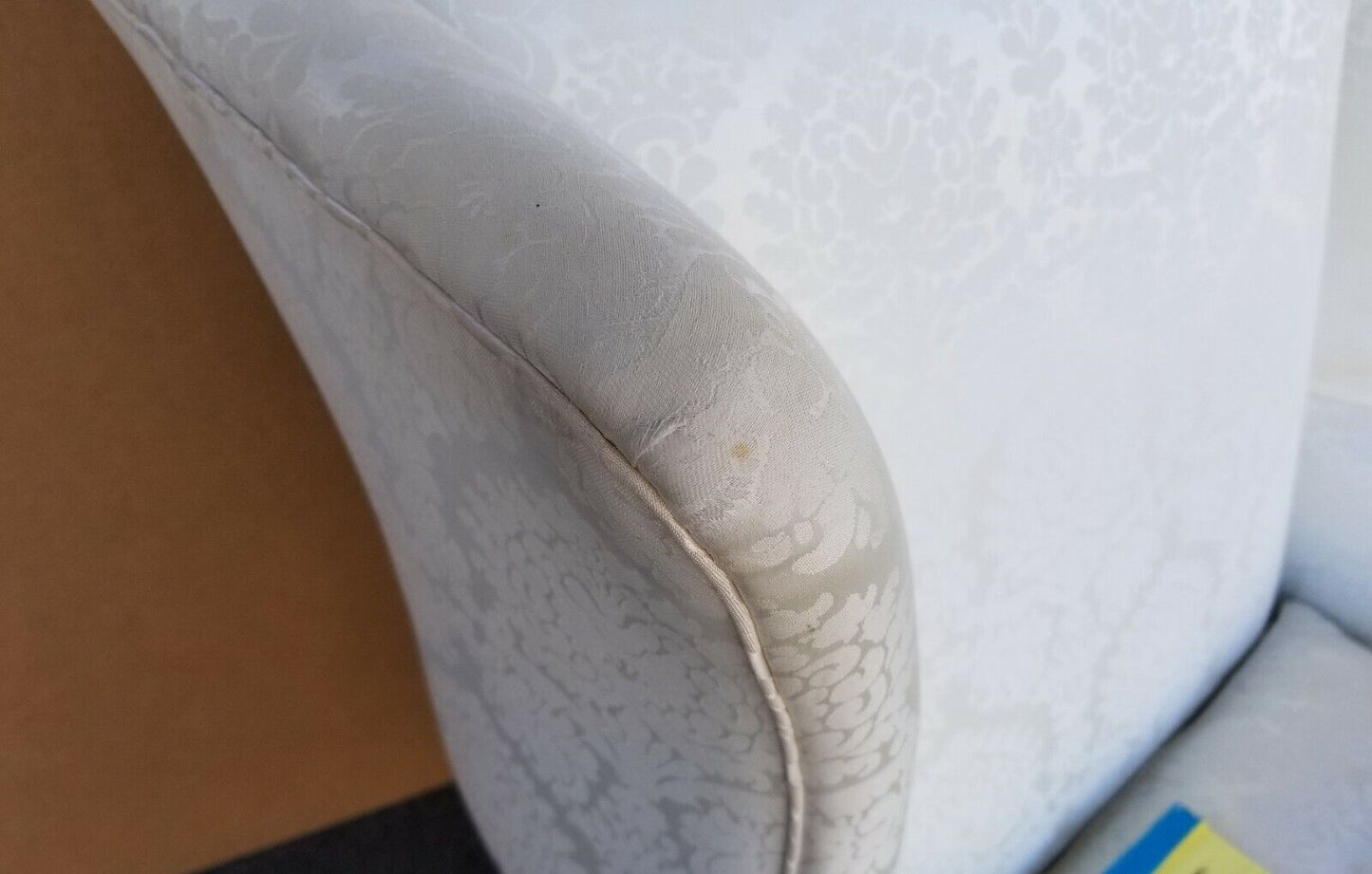 Vintage Chippendale Wingback White Brocade Satin Cotton and Down Armchair