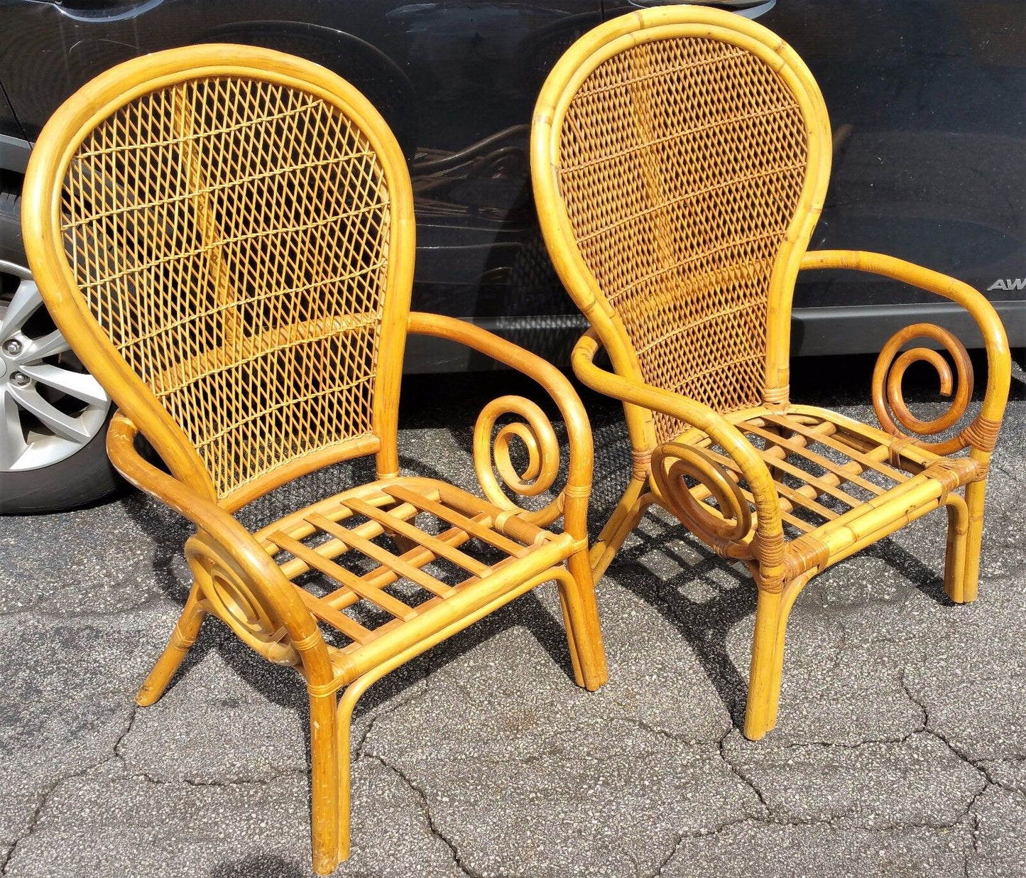 Mid Century Modern Regency Bamboo Bentwood Rattan Fan Back Armchairs - Set of 2