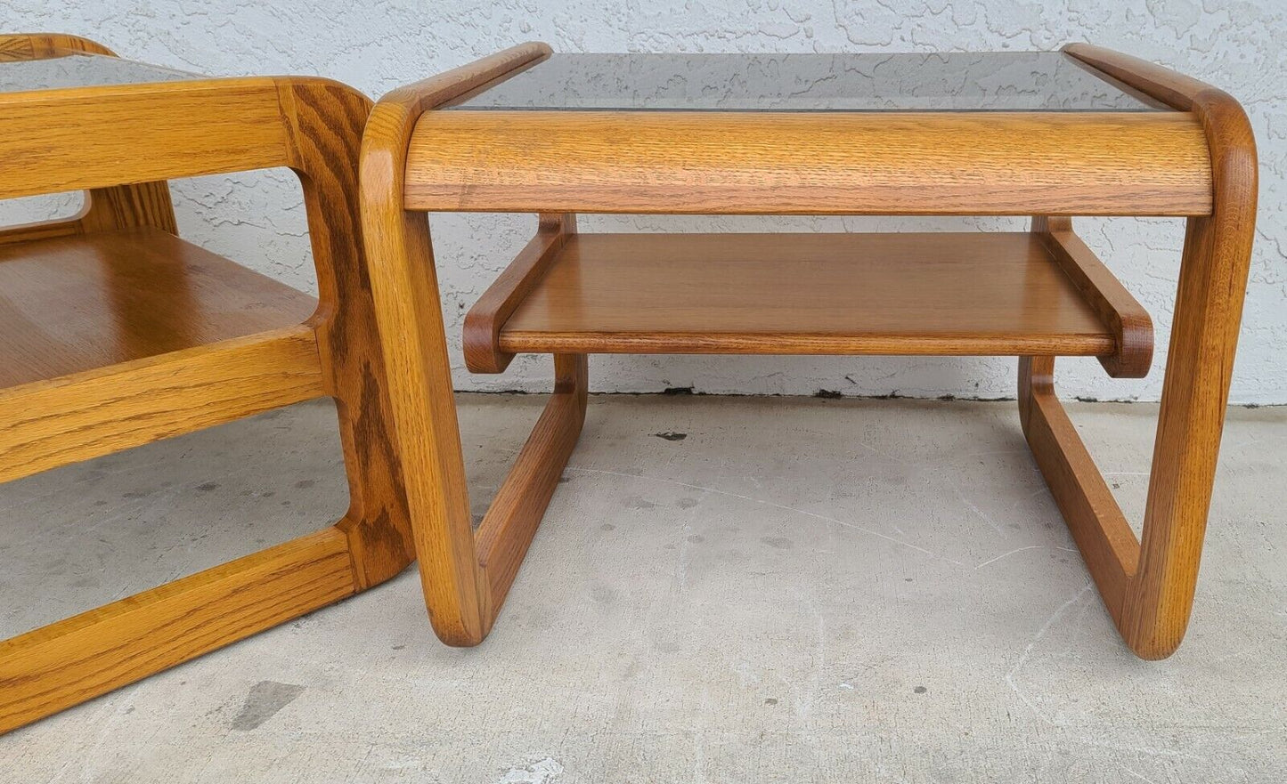 (2) 1970's Mid Century Modern Hodges Mersman Oak Smoked Glass End Tables