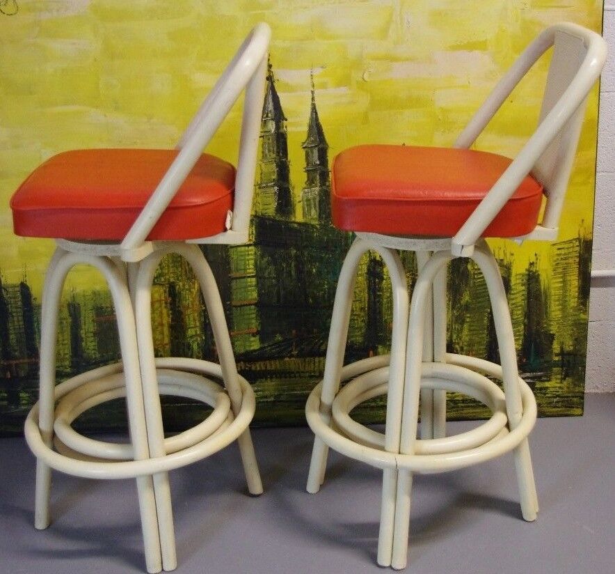 Set of 2 1960's Rattan Retro Mod Bamboo Cane Back Swivel Bar Stools