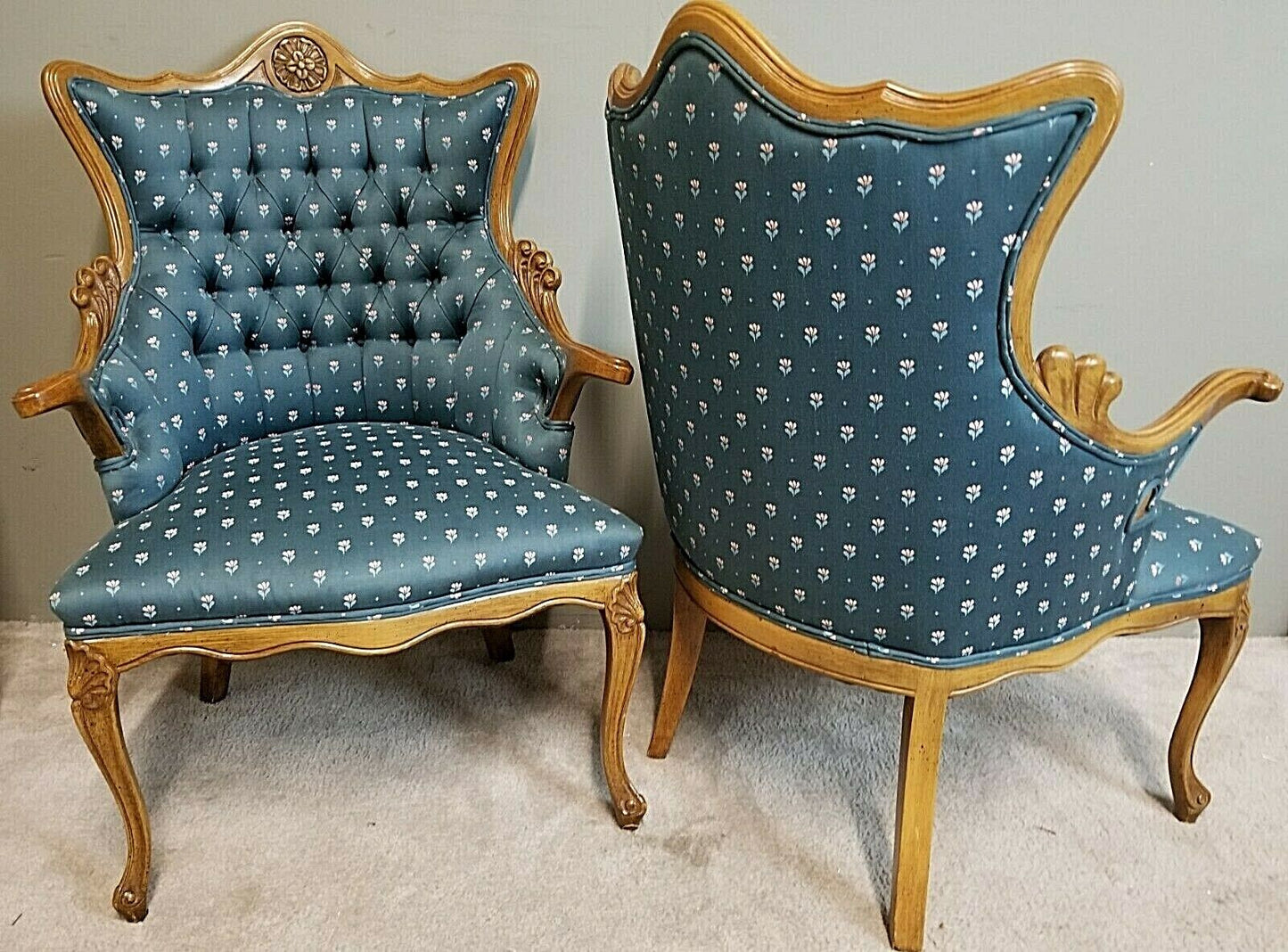 (2) French Provincial Fauteuil Carved Wood Upholstered Accent Chairs Armchairs