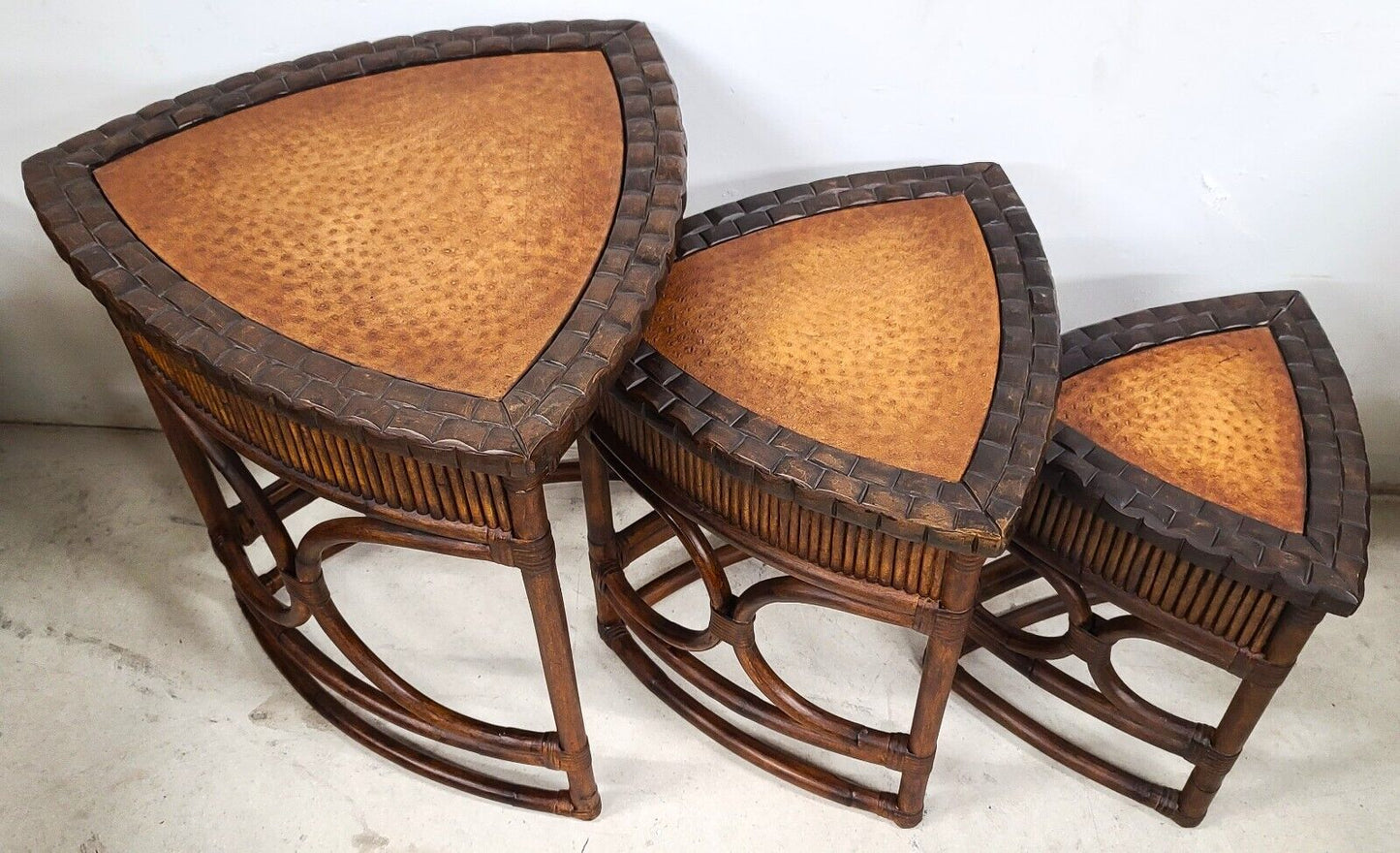 (3) Vintage Bamboo Rattan Coconut Shell Ostrich Nesting Tables