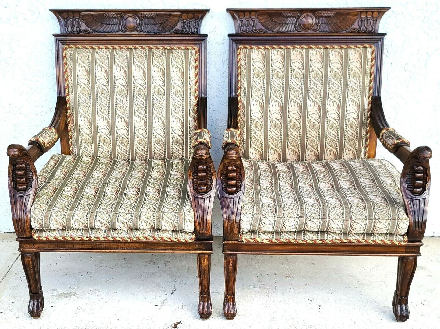 Egyptian Revival Carved Cobra & Isis Wings Mahogany Armchairs - A Pair