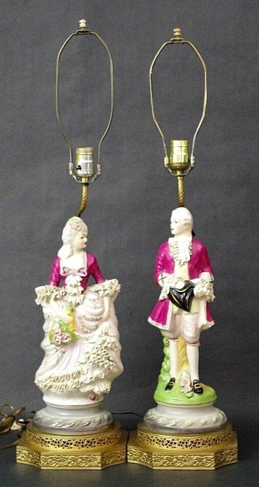 Vtg Pair Dresden Continental Chantilly Figural Victorian Porcelain Table Lamps