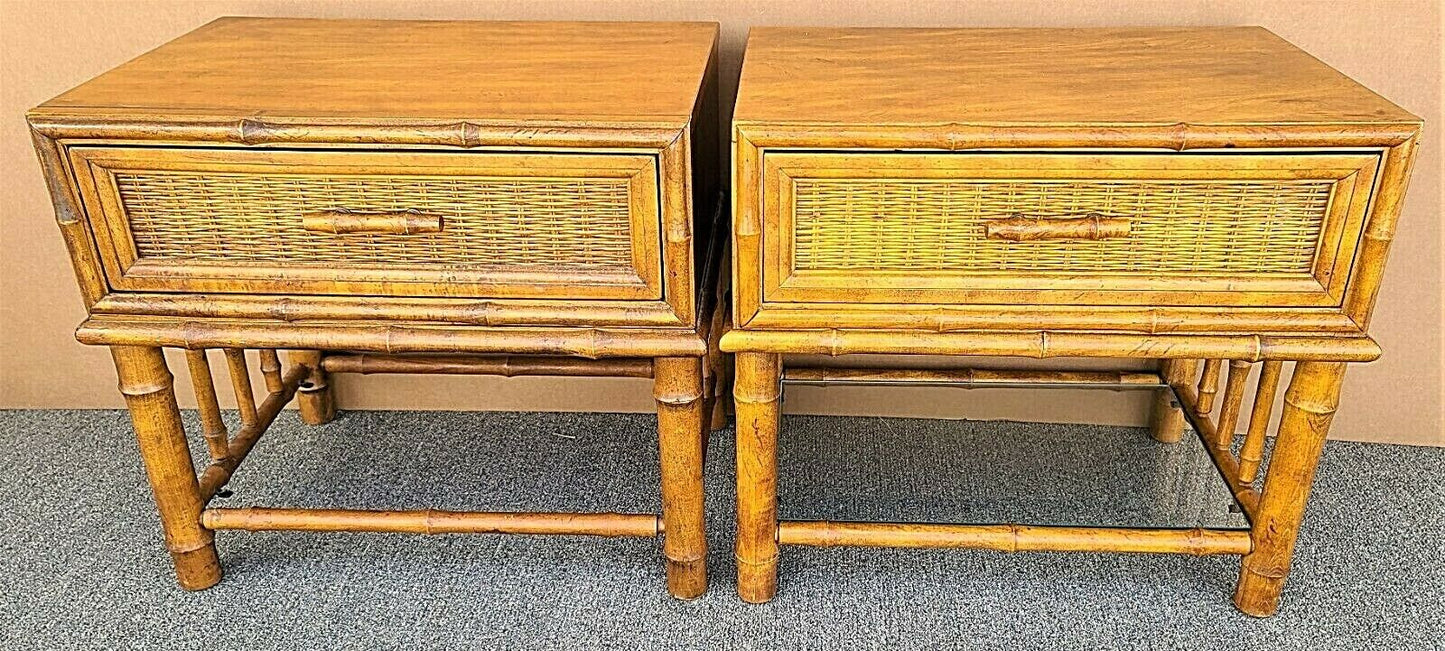 (2) MCM American of Martinsville Side End Tables Nightstands Wicker Faux Bamboo