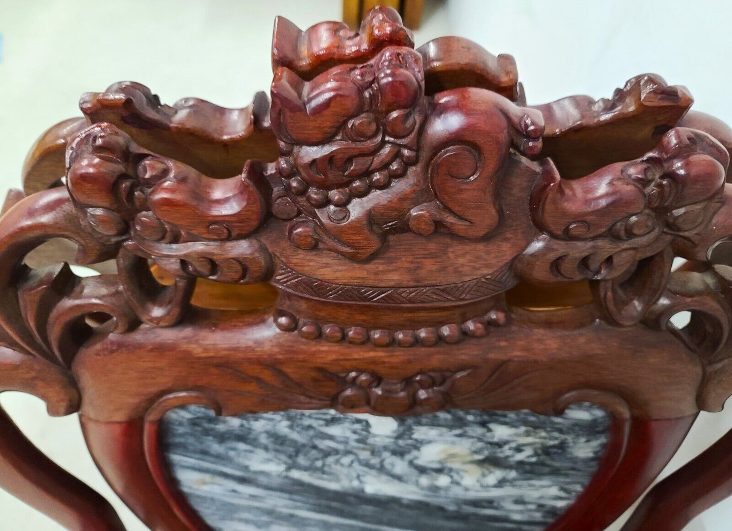Mid Century Chinese Asian Rosewood & Marble Armchairs - A Pair