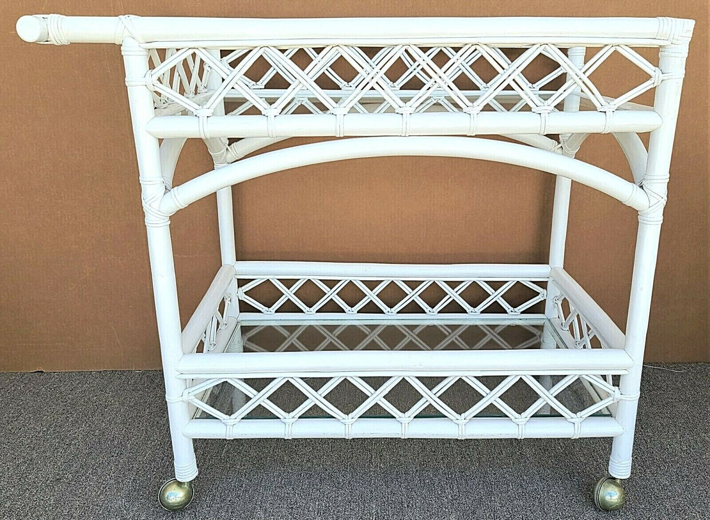 Vintage Palm Beach Coastal Bamboo & Glass 2 Tier Dry Bar Serving Cart Trolley