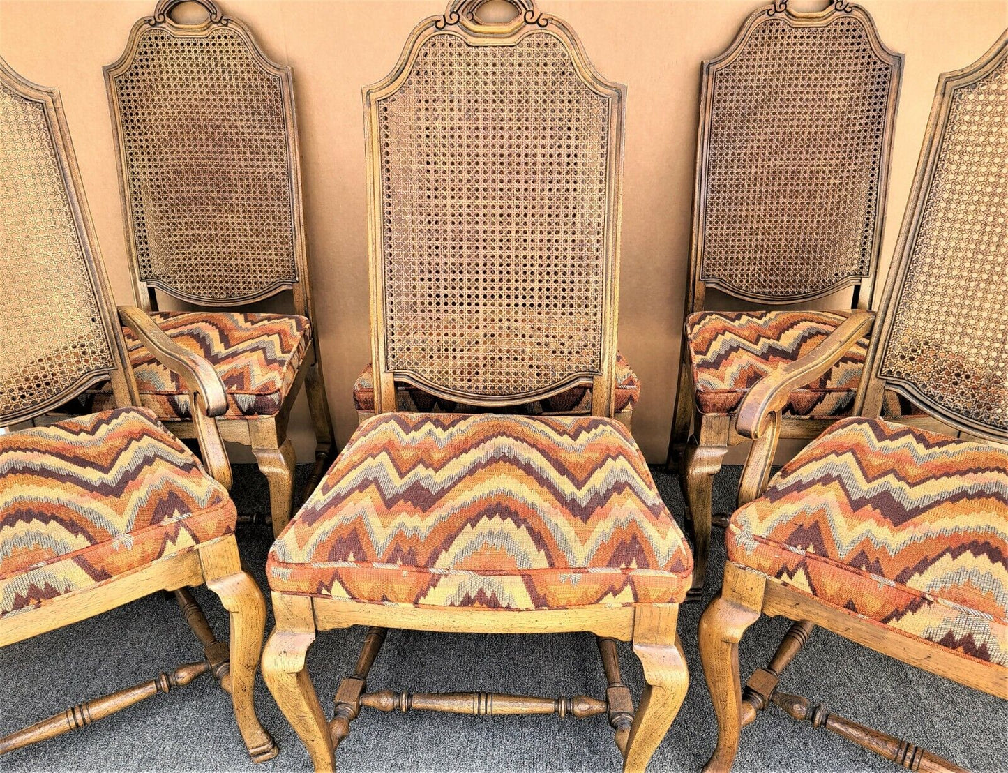 Vintage French Country Caned Back Flamestitch Fabric Dining Chairs - Set of 6