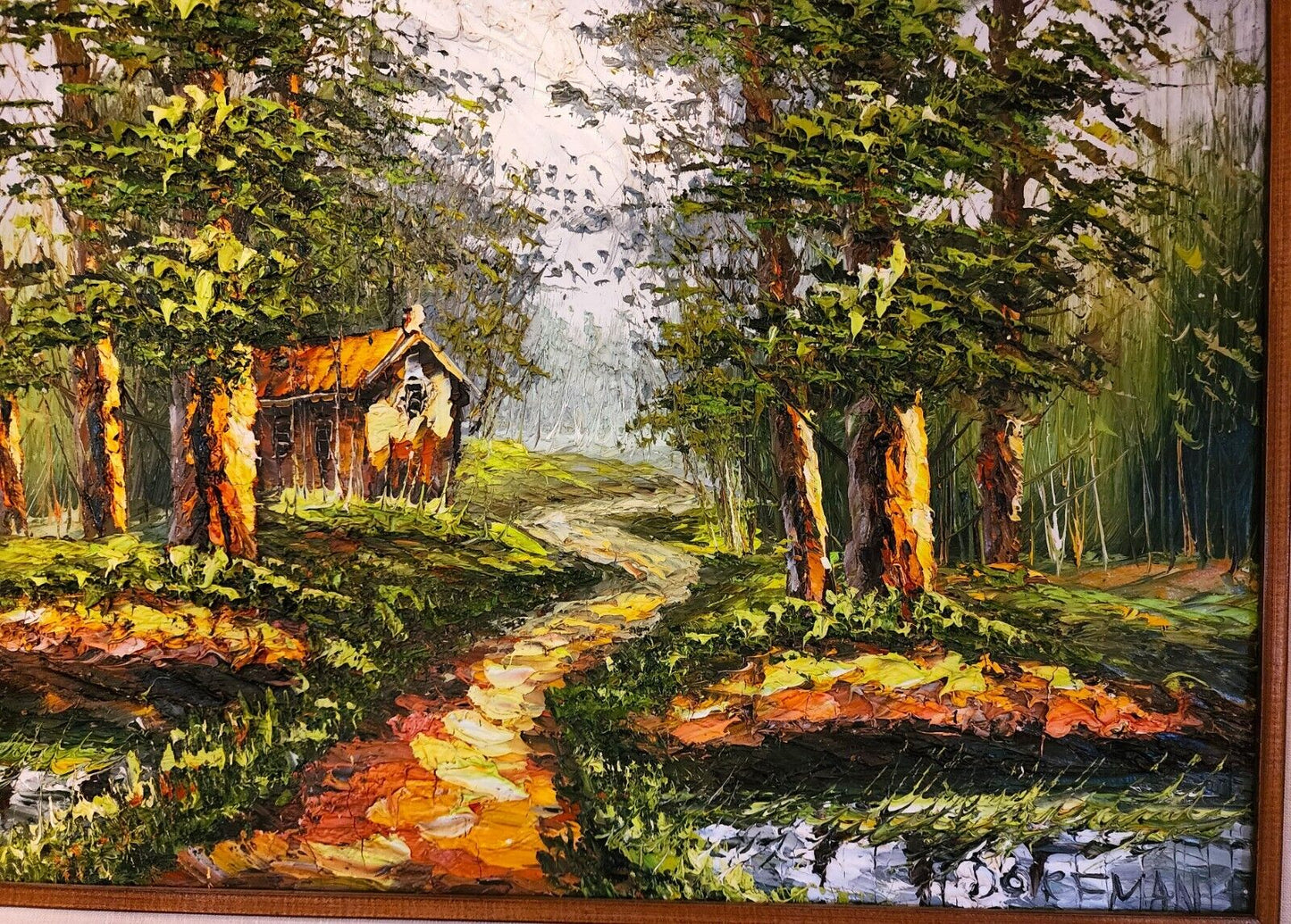 Landscape Oil Painting Signed DORFMAN Vintage Cabin in Woods