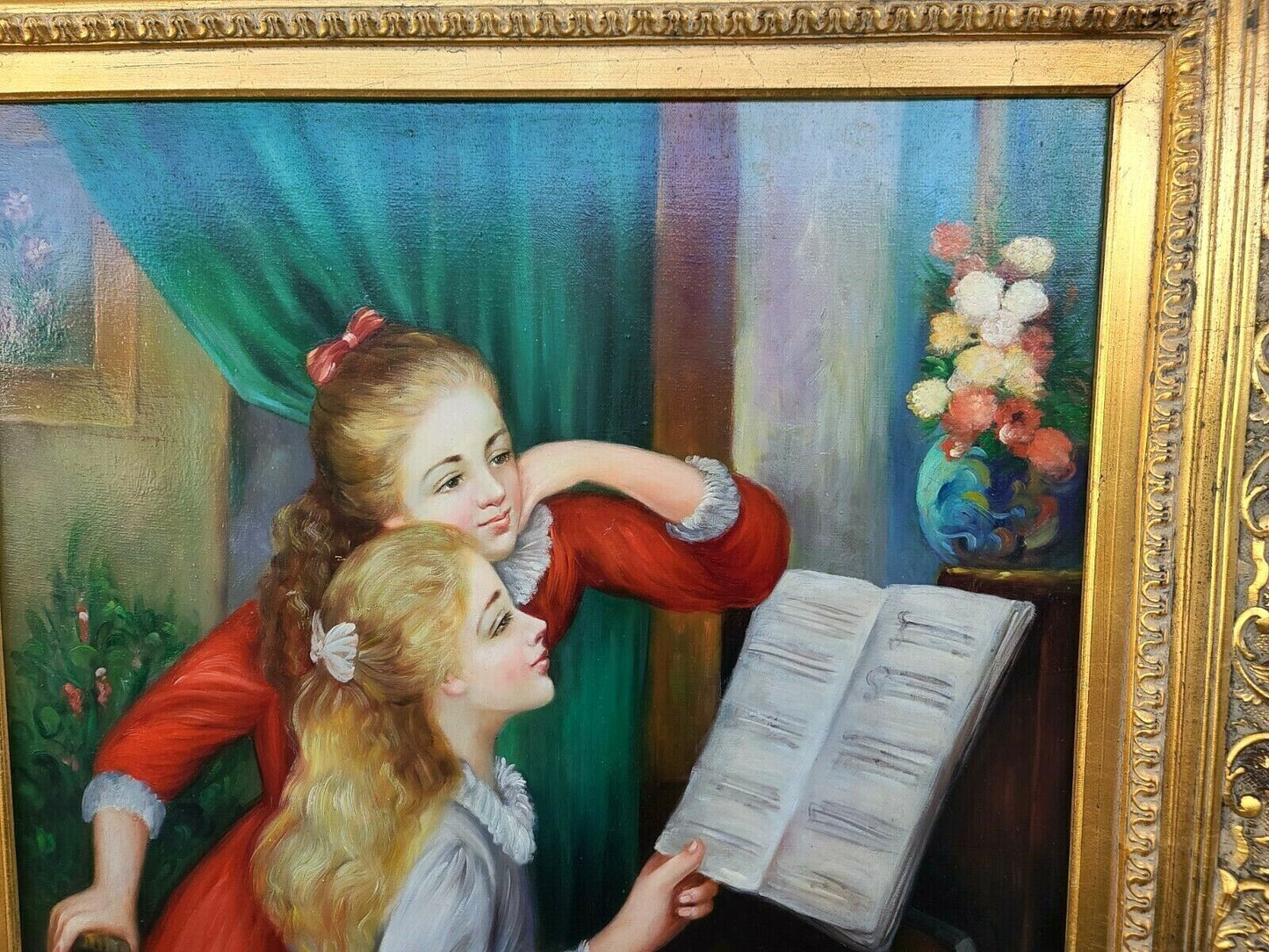 Signed Oil Painting of Renoirs " Young Girls at Piano " Framed
