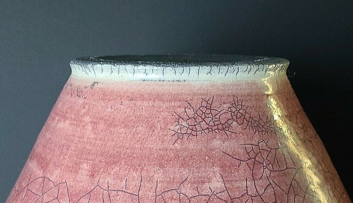 Large Signed Native American Style 2 Tone Crackle Glaze Raku Pottery Vase