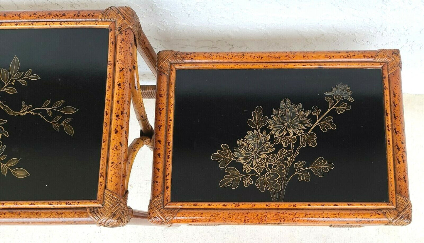 (3) Vintage Tiger Bamboo Rattan Nesting Tables