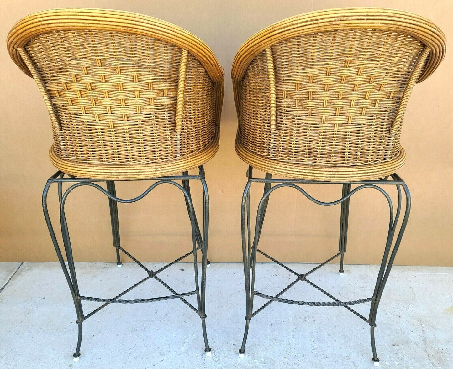 BRAXTON CULLER Wicker & Wrought Iron Swivel Barstools - A Pair