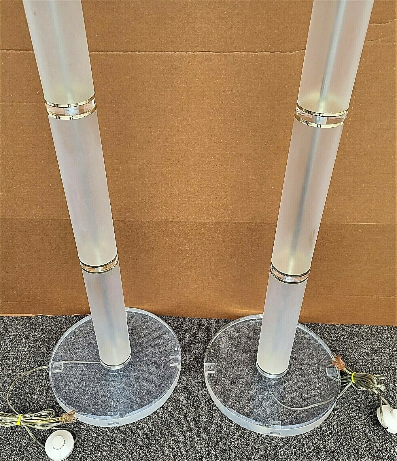 Pair of 1970's Mid Century Modern OPTIQUE Style Lucite & Brass Floor Lamps
