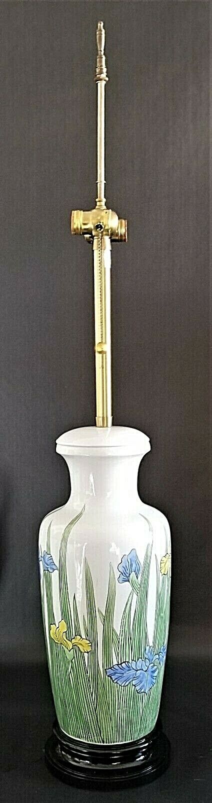 Vintage Large 43" MARBRO White Ceramic Lamp with Yellow and Blue Iris' Wood Base