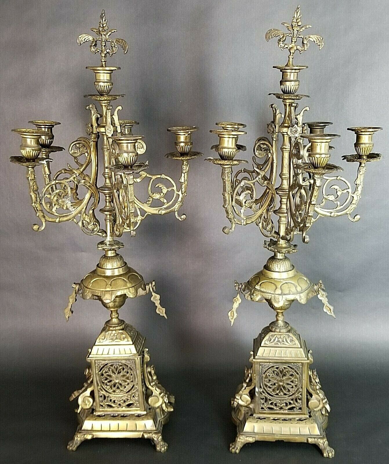 (2) Antique Italian Ornate Bronze French Louis XV Rococo 6 Point Candelabras
