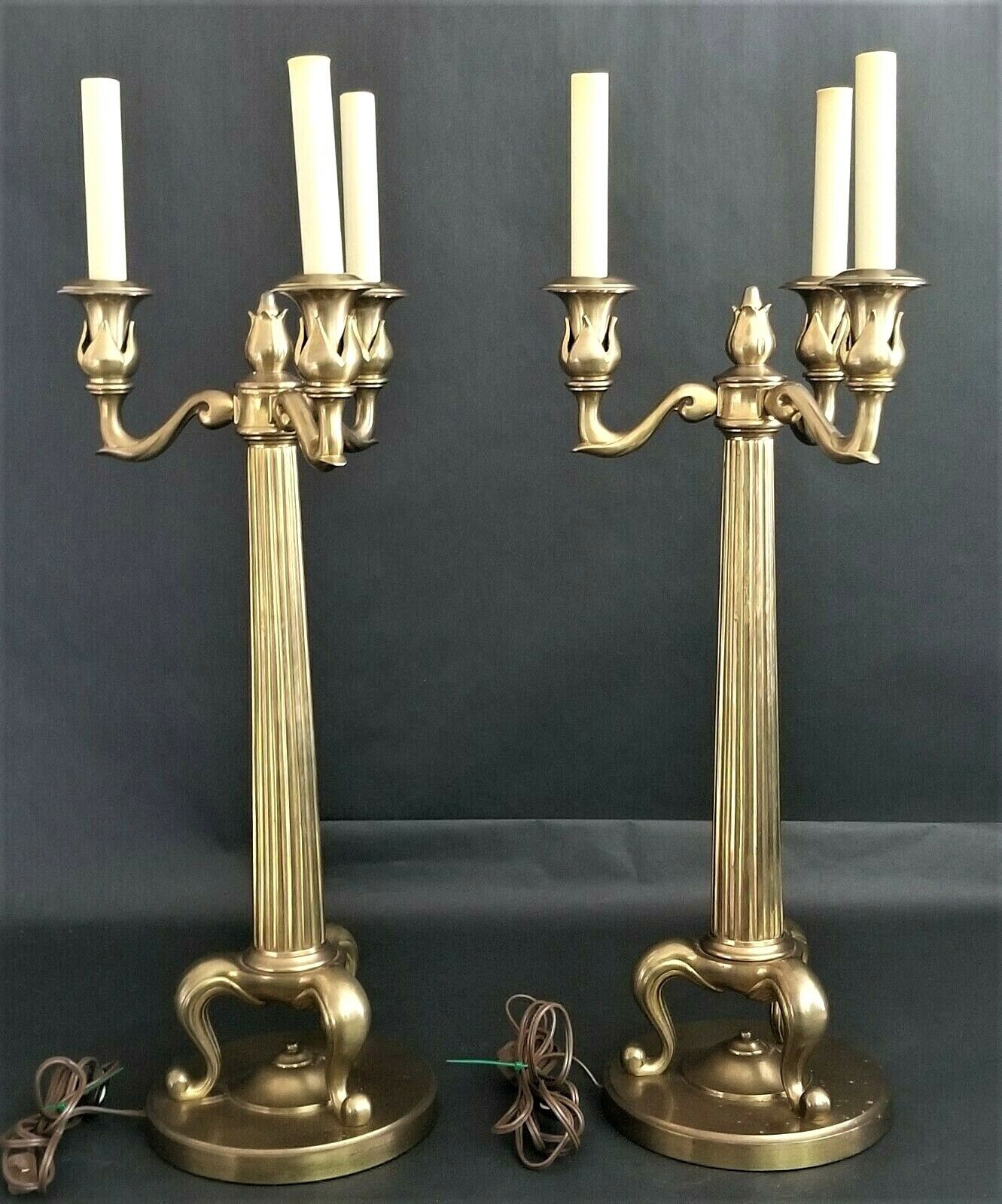 Pair of 1986 CHAPMAN Heavy Brass Candelabra Fluted Column Table Lamps