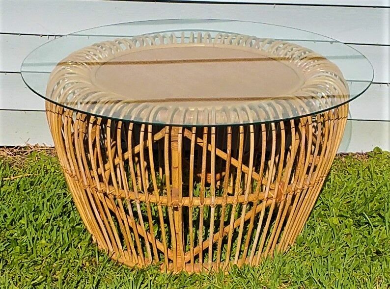 FRANCO ALBINI Style MCM Bamboo Rattan Wicker Bentwood Coffee Table w Glass