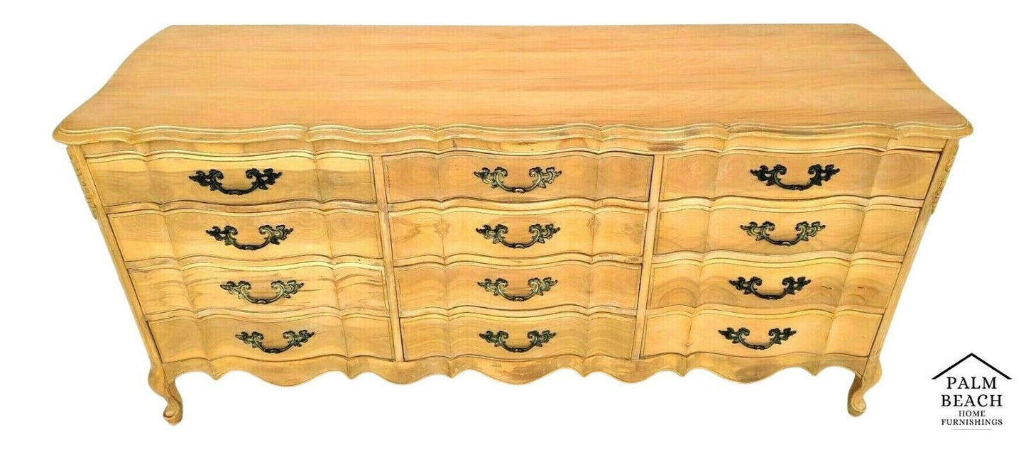 Vintage Dresser Olive Burl Light Wood French Louis XV Sculpted Glass Top