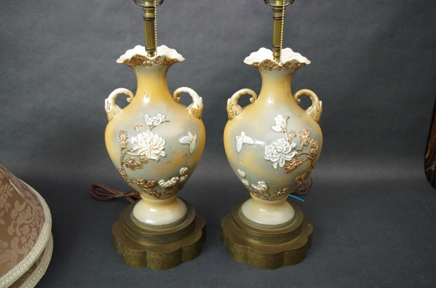 2 Mid Century MAO PERIOD Amphora Elephants Butterflies Flowers Chinese Table Lamps